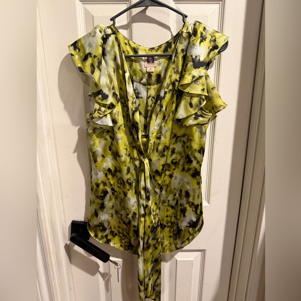 Anne Klein Lime Green and Black Watercolor Ruffle Tie-Front Blouse